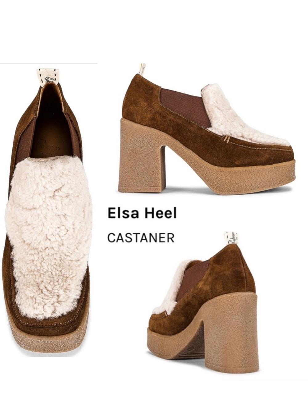 Castaner Elsa Platform Loafer Heels  Brown Suede with Shearling topper size 7.5